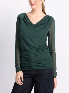 Draped Cowl Neck Long-Sleeve Sheer Sleeve Top in Deep Forest Green